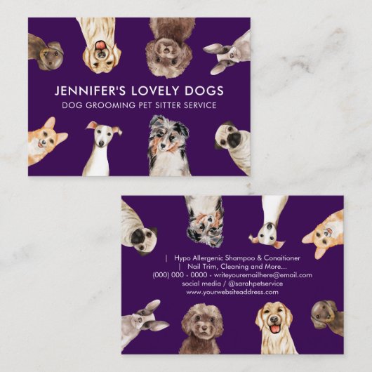 Paarse Schattigee Kleine Maat Honden Huisdier Sitt Visitekaartje (Voorkant / Achterkant)