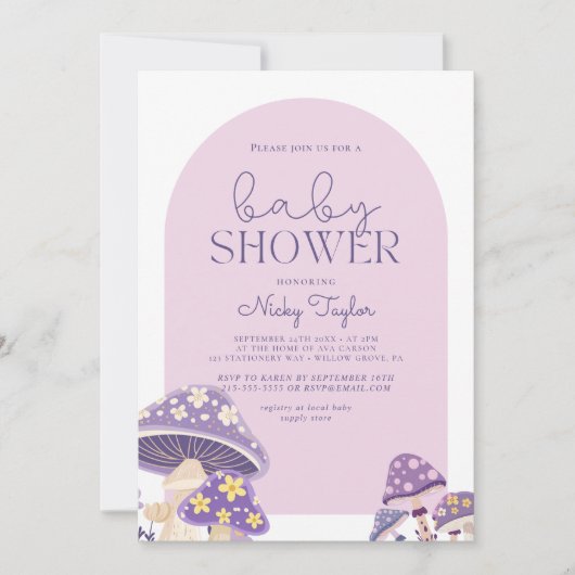 Paarse Schattigee paddenstoel Baby shower Kaart (Voorkant)