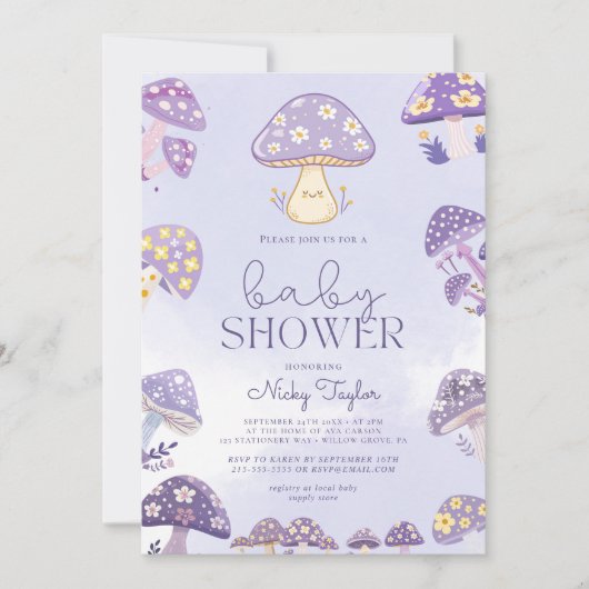 Paarse Schattigee paddenstoel Baby shower uitnodig Kaart (Voorkant)