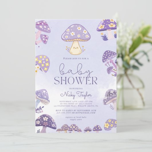 Paarse Schattigee paddenstoel Baby shower uitnodig Kaart (Staand voorkant)