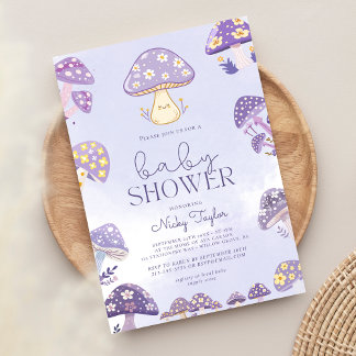 Paarse Schattigee paddenstoel Baby shower uitnodig Kaart