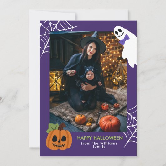 Paarse Schattigee Pompoen & Spook Happy Halloween  Feestdagenkaart (Voorkant)