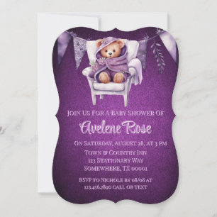 Paarse Schattigee Teddy Bear Girl Baby shower Kaart
