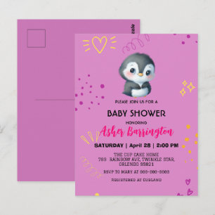 Paarse Schattigee zoete pinguïn Mooie baby shower  Briefkaart