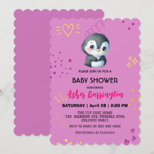 Paarse Schattigee zoete pinguïn Mooie baby shower  Kaart