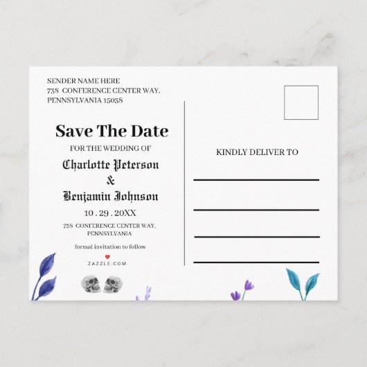 Paarse schedel bespaart de datum van het huwelijk aankondigingskaart (Achterkant)