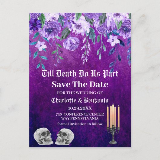Paarse schedel bespaart de datum van het huwelijk aankondigingskaart (Voorkant)