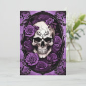 Paarse schedel en Rozen Gotische Elegantie Bruilof Kaart (Staand voorkant)