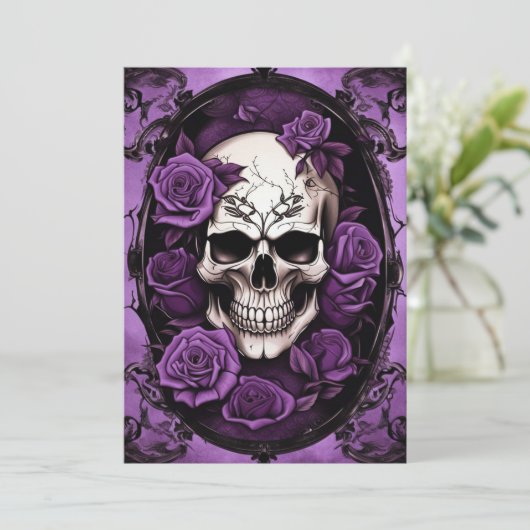 Paarse schedel en Rozen Gotische Elegantie Bruilof Kaart (Staand voorkant)