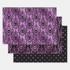 Paarse Schedel Halloween Damast Patroon Inpakpapier Vel