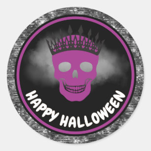 Paarse Schedel Koningin & Zwarte Glitter Halloween Ronde Sticker