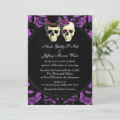 Paarse schedels bruid & bruidegom bruiloft uitnodi kaart (Staand voorkant)