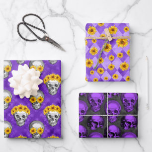 Paarse Schedels en Zonnebloem Serie Design 10 Inpakpapier Vel