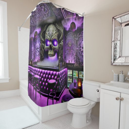 Paarse schedelstang douchegordijn (In situ)