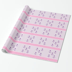 Paarse scheepsankers en roze strepen cadeaupapier