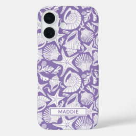 Paarse schelpen gepersonaliseerd iPhone 16 hoesje