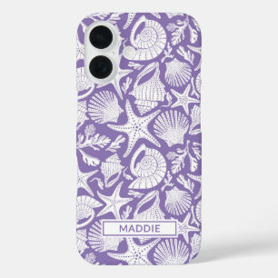 Paarse schelpen gepersonaliseerd iPhone 16 hoesje