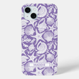 Paarse schelpen gepersonaliseerd iPhone 15 mini hoesje