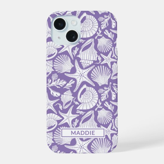 Paarse schelpen gepersonaliseerd iPhone 15 case (Achterkant)