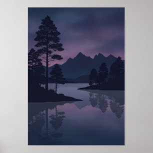 Paarse Schemering Bergmeer Dennensilhouet Poster