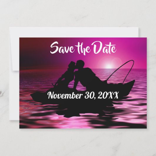 Paarse schemerlicht "Gedaan Vist"sparen de Datum Save The Date (Achterkant)