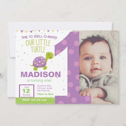 Paarse schildpad eerste uitnodiging op feestdag (Voorkant)