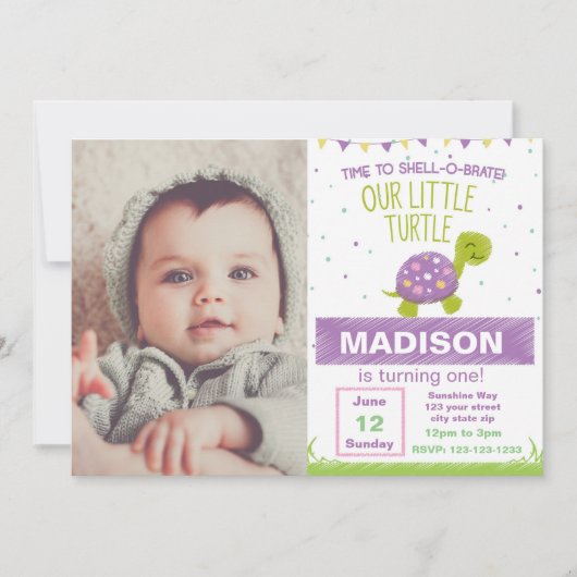 Paarse schildpad verjaardagsuitnodiging met foto kaart (Voorkant)