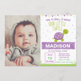 Paarse schildpad verjaardagsuitnodiging met foto kaart