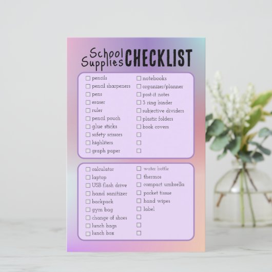 paarse schoolbenodigdheden checklist (Staand voorkant)