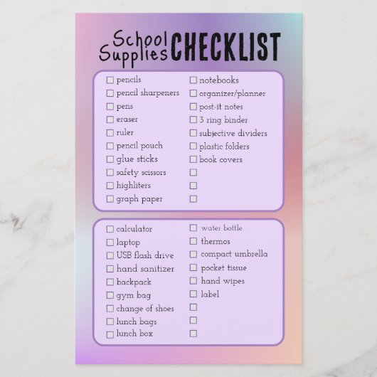 paarse schoolbenodigdheden checklist (Voorkant)