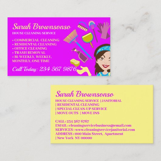 Paarse schoonmaakster van de Janitorial Lady House Visitekaartje (Voorkant / Achterkant)