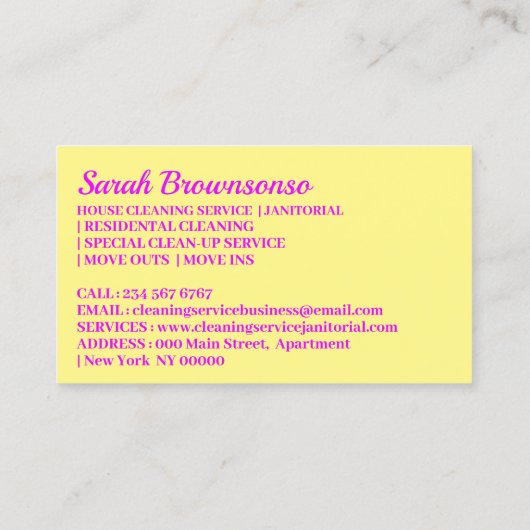 Paarse schoonmaakster van de Janitorial Lady House Visitekaartje (Achterkant)