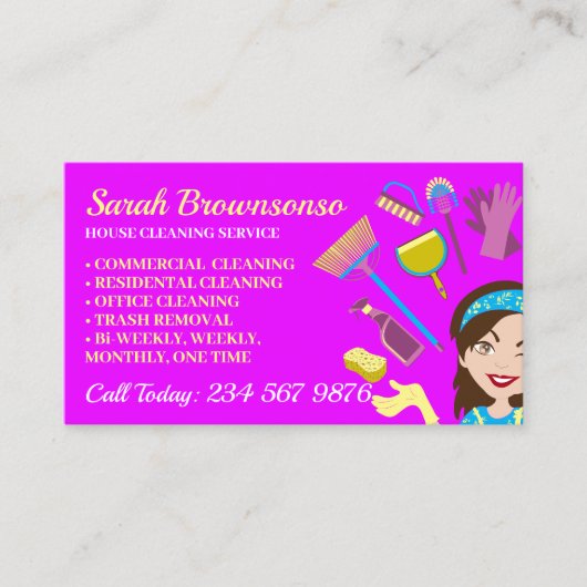 Paarse schoonmaakster van de Janitorial Lady House Visitekaartje (Voorkant)