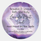 Paarse Schrift Fles Kaars Pot Productlabel Ronde Sticker (Voorkant)