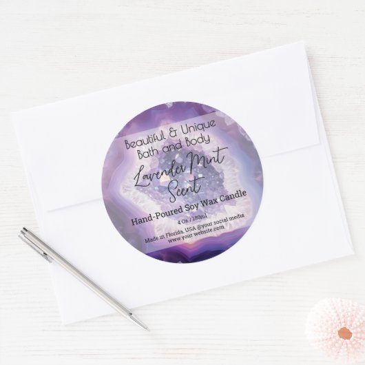 Paarse Schrift Fles Kaars Pot Productlabel Ronde Sticker (Envelop)