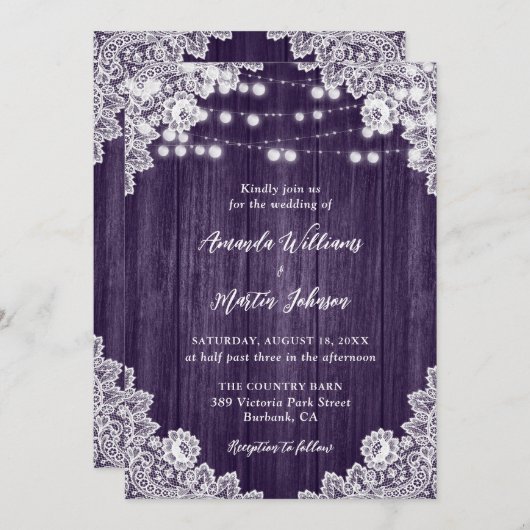 Paarse Schuur Hout Bloemen Kant String Lights Wedd Kaart (Voorkant / Achterkant)