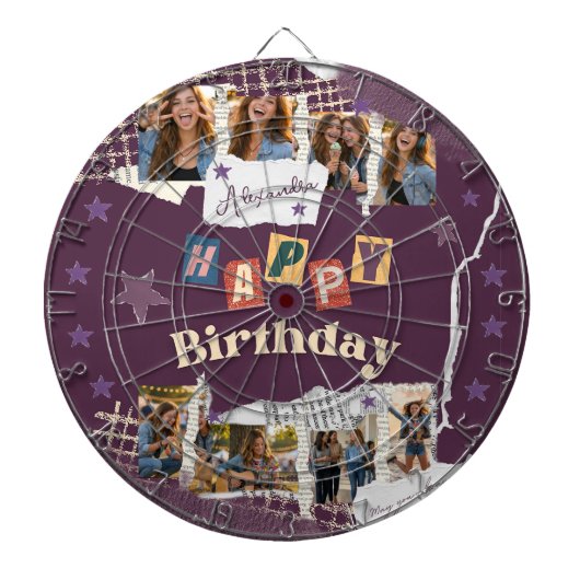 Paarse scrapbook geboortefoto collage dartbord (Voorkant)