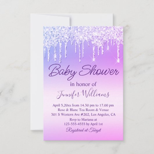 paarse script druppelen glitters meisje baby showe kaart (Voorkant)