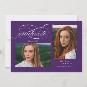 Paarse Script QR Code 3 Photo Graduation Party Kaart