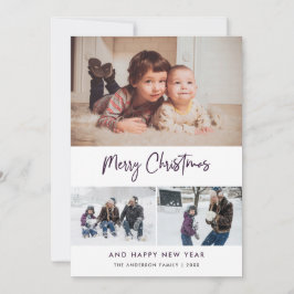 Paarse Script Sterren Kerst 3 Foto Collage Feestdagenkaart