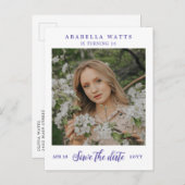 Paarse Script Sweet 16 Foto Opslaan datum Aankondigingskaart (Voorkant / Achterkant)