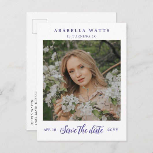 Paarse Script Sweet 16 Foto Opslaan datum Aankondigingskaart (Voorkant / Achterkant)