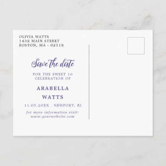 Paarse Script Sweet 16 Foto Opslaan datum Aankondigingskaart (Achterkant)