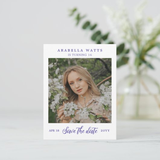 Paarse Script Sweet 16 Foto Opslaan datum Aankondigingskaart (Staand voorkant)