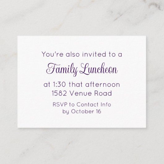 Paarse Script Temple Sealing & Meal Invitation Informatiekaartje (Achterkant)