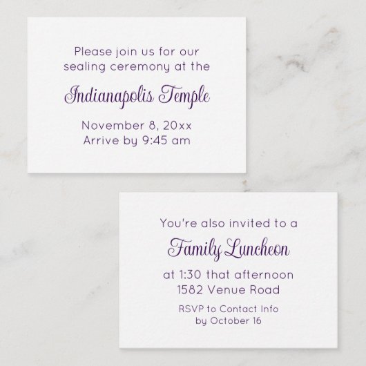 Paarse Script Temple Sealing & Meal Invitation Informatiekaartje (Voorkant / Achterkant)