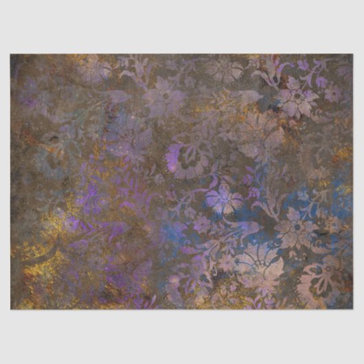 Paarse Scroll Work Flowers op Blue Decoupage Tissuepapier (Voorkant)