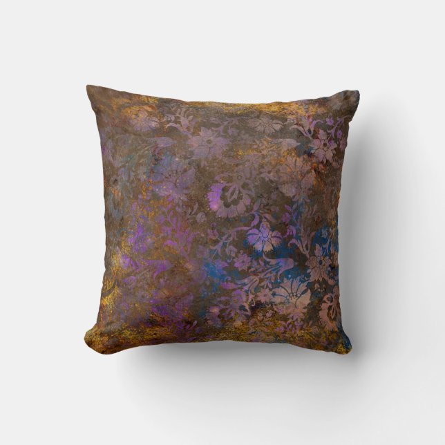 Paarse Scroll Work Flowers op Blue Kussen (Voorkant)