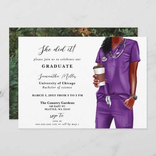 Paarse scrubs verpleegster foto ze deed het Afstud Kaart (Voorkant / Achterkant)