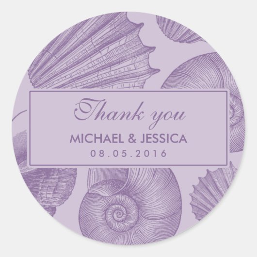 Paarse Seashell Wedding Favor Dank je Sticker (Voorkant)